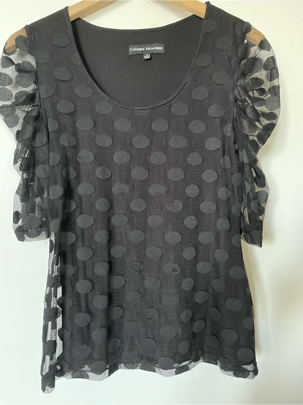 Catherine Malandrino Black Polka Dot Sheer Sleeve Top